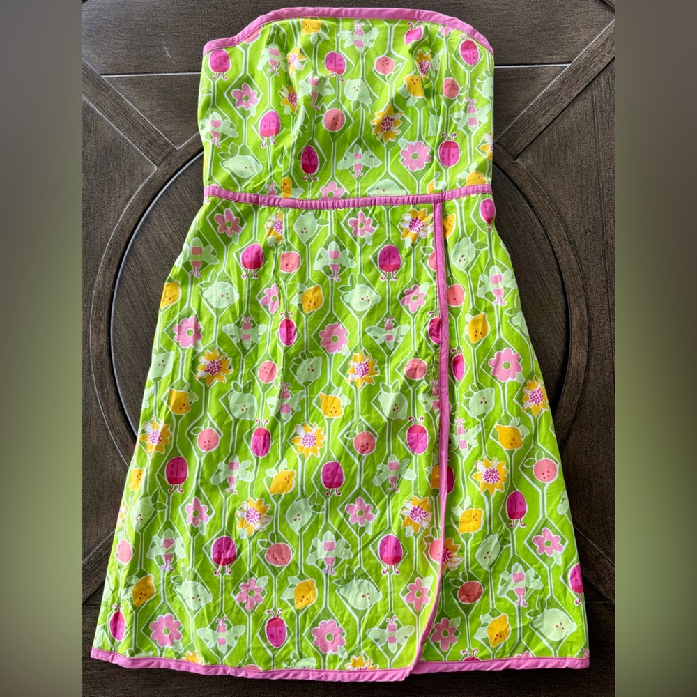 Lilly Pulitzer Green Strapless Mini Dress with Pink and Yellow Floral Print